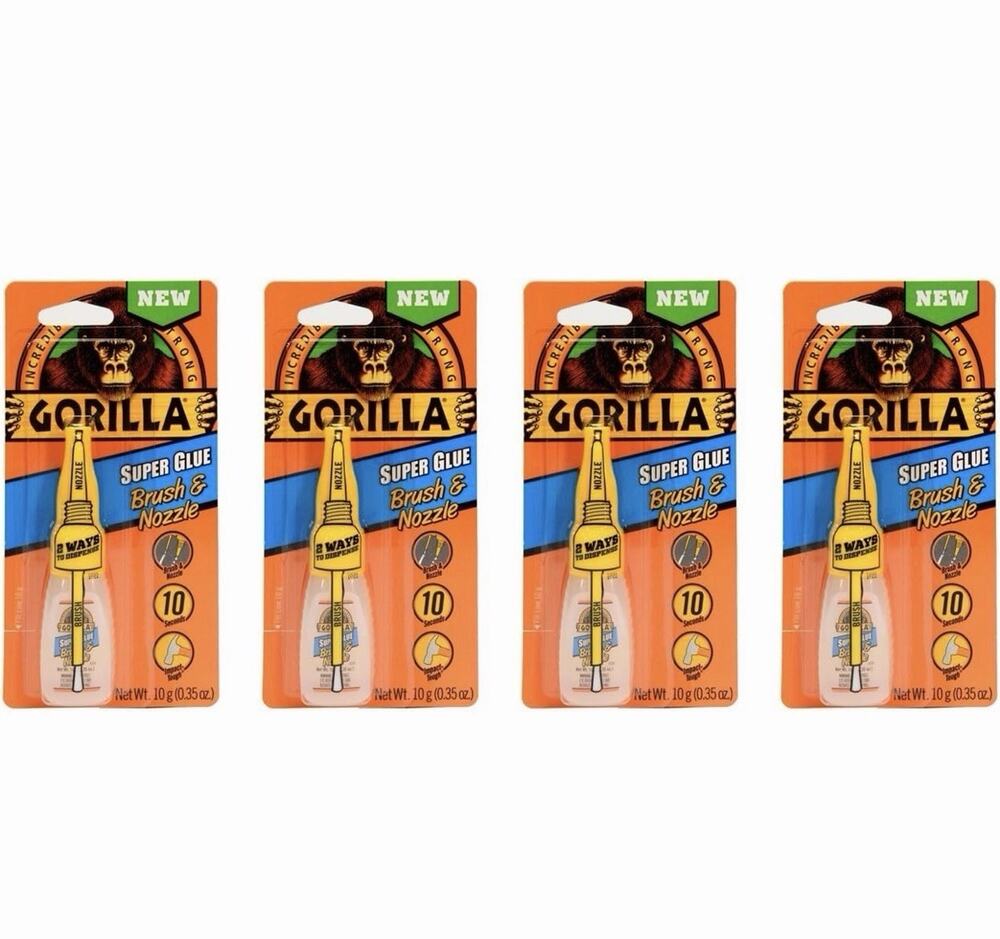 4 PACK Gorilla Super Glue Brush & Nozzle: 10 grams Each (Clear)